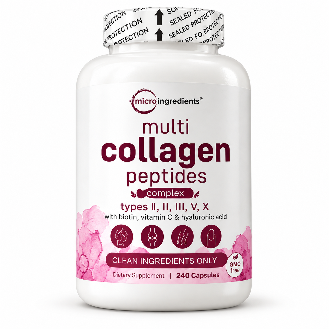 Frasco de Micro Ingredients Multi Collagen Peptides Complex de 240 cápsulas, vista frontal