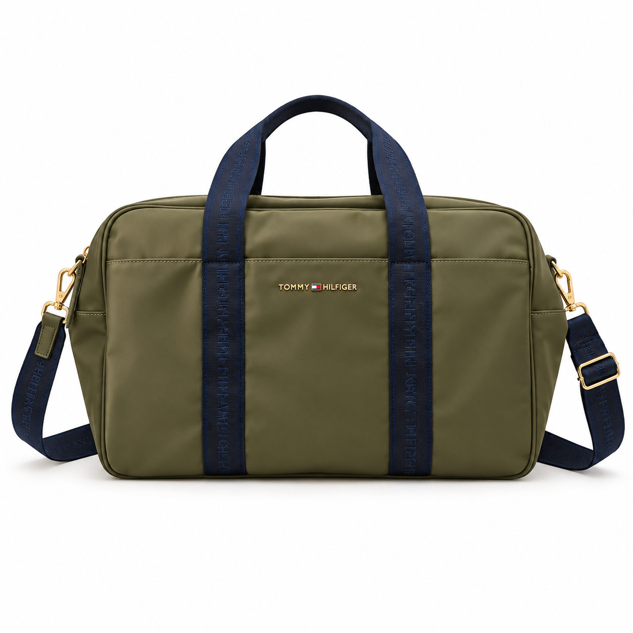 Bolso de viaje Tommy Hilfiger verde oliva con correas azul marino y detalles dorados