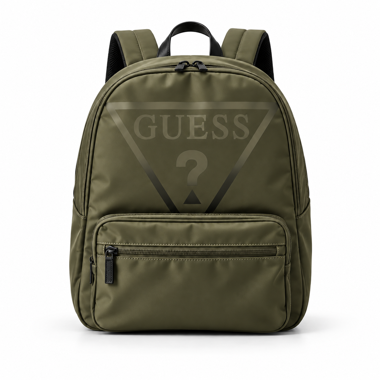 Mochila Guess verde oliva con logo triangular frontal y bolsillo con cierre